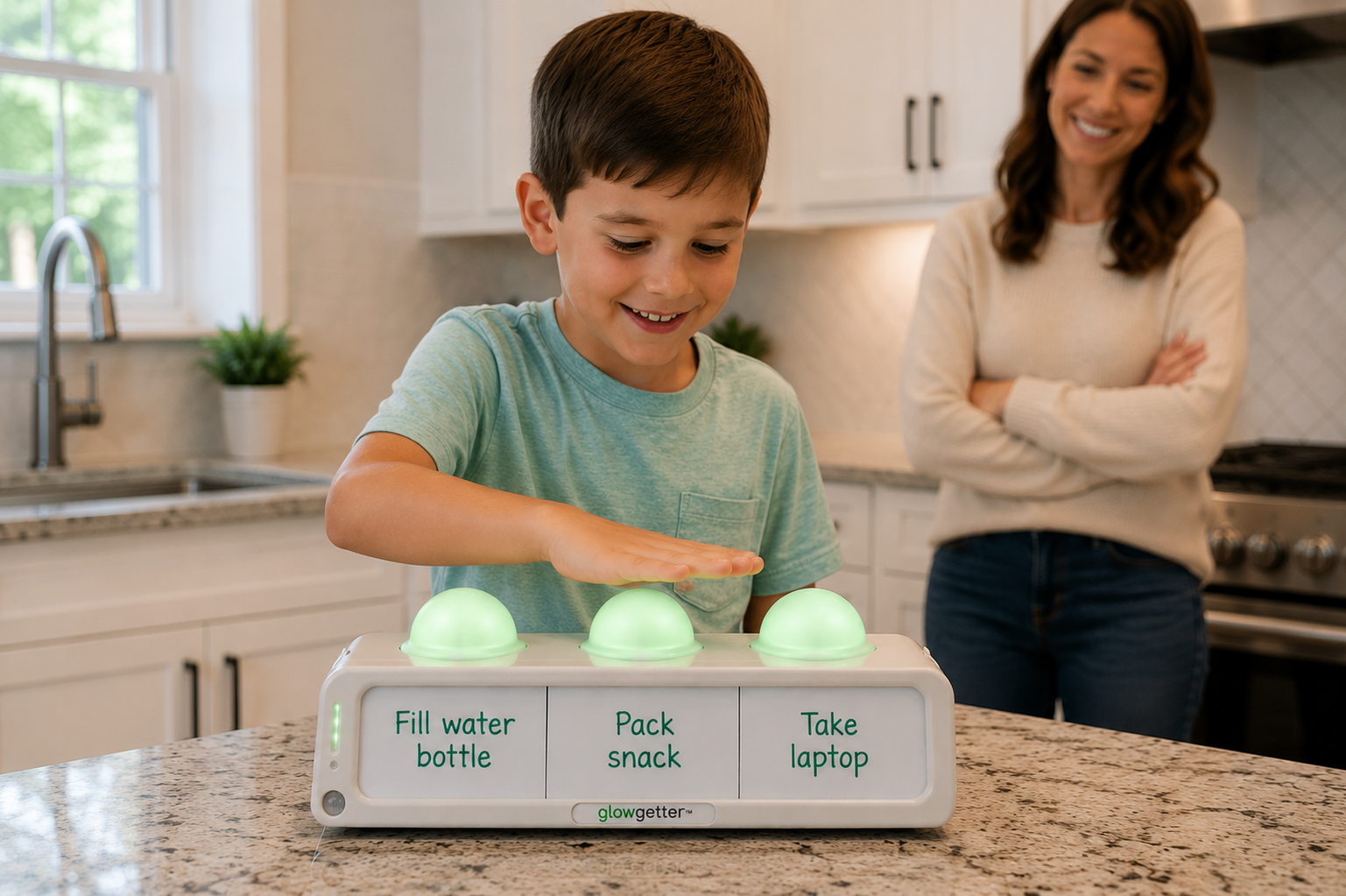 A child using Glowgetter while mom smiles in the background.