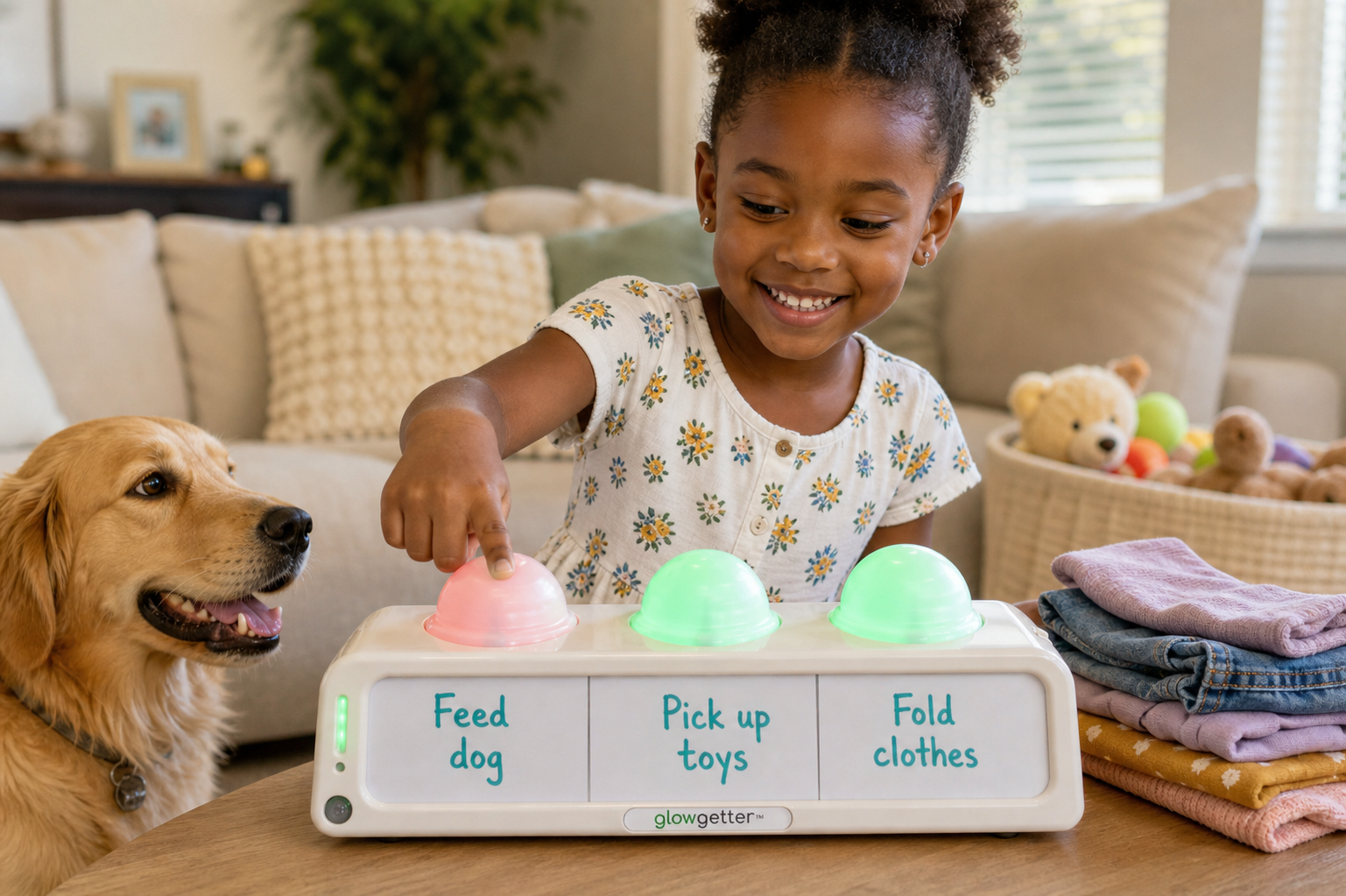 Glowgetter showing pick up toys, fold clothes, and feed dog as daily responsibilities.