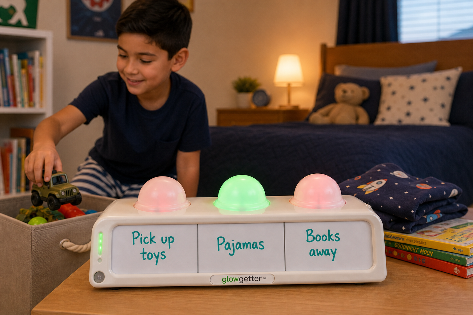 A child cleaning up a bedroom with a routine board showing pick up toys, fold clothes, and pajamas.
