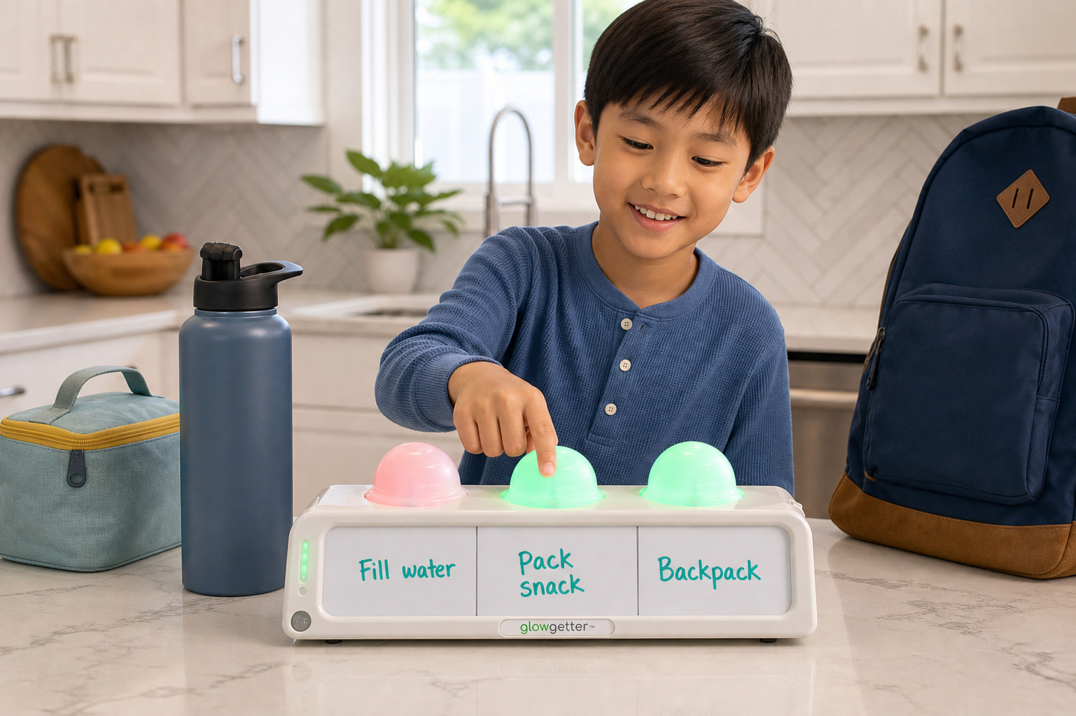 A child using a routine board for school prep with a backpack, water bottle, and snack bag.